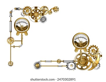 Frame with metal pipes, brass gears and antique manometer on white background. Steampunk style.