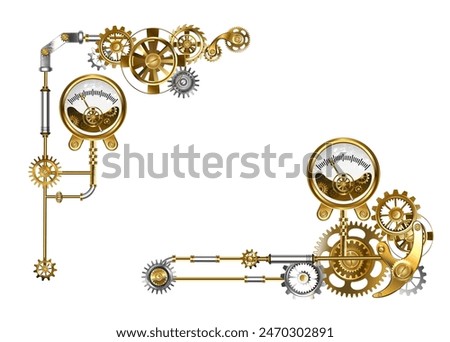 Frame with metal pipes, brass gears and antique manometer on white background. Steampunk style.