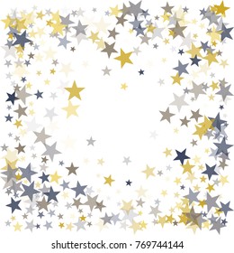 Frame of metallic gold and silver flying stars confetti magic christmas vector, premium sparkles stardust background border. Holiday party decor, flying sparkles  confetti, christmas stars vector.