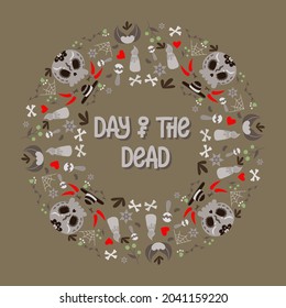 Frame for the Mexican holiday of the day of the dead. Decorated with skulls, chili peppers, flowers, maracas, sombreros, bones and candles. Vector image for banners, social networks, cards, invitation