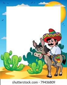 Frame with Mexican riding donkey - vector illustration.