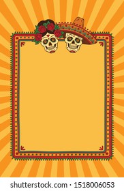 Frame with mexican sugar skulls. Dia de los Muertos