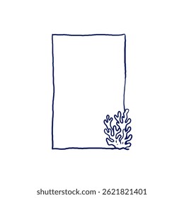 Frame in minimalist line art style featuring coral in the bottom right corner. Suitable for summer cards, packaging design, travel posters, banners, invitations, and marine-themed branding materials.