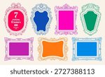 Frame mirror. Border for picture. Doodle vector vintage photo frame. Decorative cute shape. Colorful ornate oval, square, rectangle border. Retro mirror, picture, photo frames. Hand drawn gallery bg