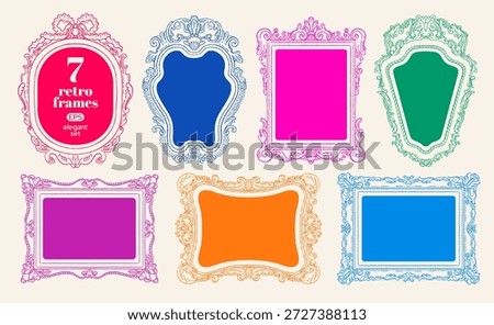 Frame mirror. Border for picture. Doodle vector vintage photo frame. Decorative cute shape. Colorful ornate oval, square, rectangle border. Retro mirror, picture, photo frames. Hand drawn gallery bg