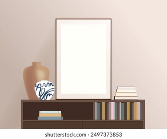 Frame mock up with vases and books. Classic interior with picture layout. Vector illustration.	
