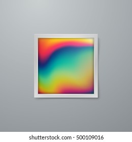 Frame mock-up with artistic iridescent poster design. Vector illustration of paper frame with textured paper. Vector mock up. Creative abstract rainbow poster design