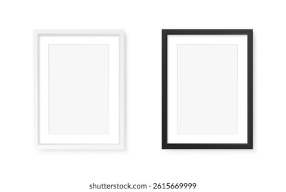 Frame mockup with black and white borders on white background. Empty picture or photo frames for artwork, poster or presentation. Clean and minimal style. Vector illustration.