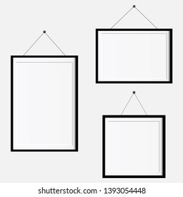  Frame mockup template isolated on transparent wall background. Realistic blank horizontal picture or photograph frame. Vector glass black photoframe for interior artwork design.