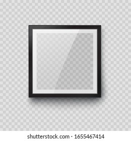 Frame Mockup Template Isolated On Transparent Wall Background. Realistic Blank Square Picture Or Photograph Frame. Vector Glass Black Photoframe For Interior Artwork Design.
