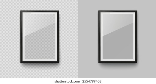 Frame mockup template isolated on transparent wall background. Realistic blank vertical picture or photograph border. Vector glass black photoframe for interior artwork design