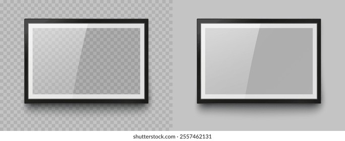 Frame mockup template isolated on transparent wall background. Realistic blank picture or photograph border. Vector glass black photoframe for interior artwork design