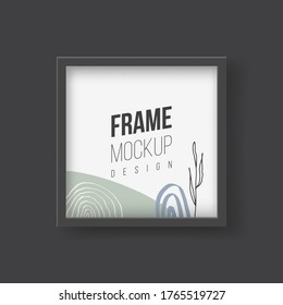 Frame mockup. Vector flat illustrations. Rectangle picture frame with tropical palm leaf photograph. Plastic or wooden frame with black borders for paintings or photographs hanging on the wall.