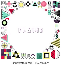 Frame with modern elements - shapes and textures. Zig zag, dots, stripes. Minimalistic geometric forms, trendy colors - сrimson, aquamarine, pink. 
Square outer edge.
Round inner edge
White background