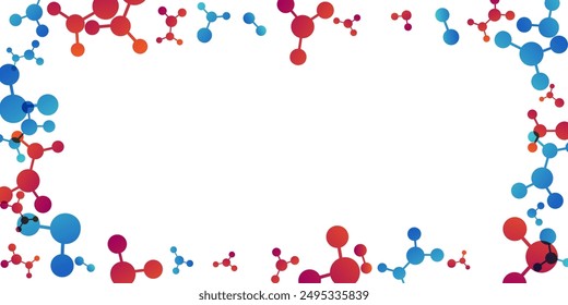 Frame with molecules, data or other tech structure elements. Pharmacy, biotechnology or chemistry design concept. Vector decoration element in red and blue colors