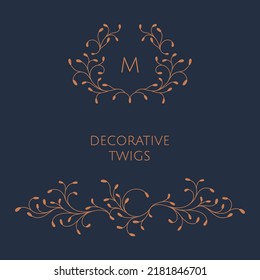Frame monogram and border of decorative twigs.  Classic floral ornament. Graphic design pages.