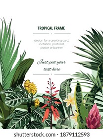 Frame with monstera and palm leaves. Hand painted tropical card with many kind of flowers on white background. Floral illustration for design, print or background. Summer template.