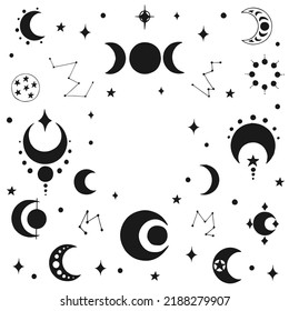 Frame of moon mystical and mysterious elements in hand drawn style. Perfect for textile, cards, mystery,  logo emblems and product packaging.