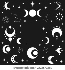 Frame of moon mystical and mysterious elements in hand drawn style. Perfect for textile, cards, mystery,  logo emblems and product packaging.
