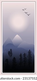 Frame with mountain landscape - trees, sun, flock of bird - for wall framed prints, canvas prints, poster, home decor