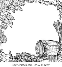 A frame with a mug of beer, a barrel, grain malt, hops. Ingredients for brewing. An illustration with black and white vector graphics. For label design, packaging, beer production poster, oktoberfest.