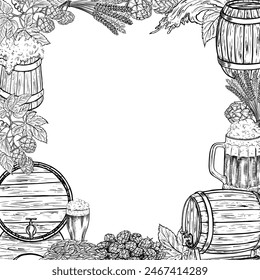 A frame with a mug of beer, a barrel, grain malt, hops. Ingredients for brewing. An illustration with black and white vector graphics. For label design, packaging, beer production poster, oktoberfest.