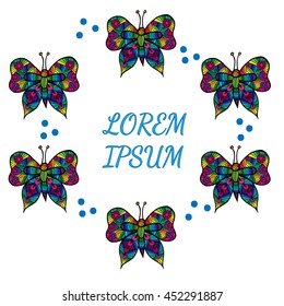 Frame with multicolor butterfly and blue circle with place for text isolated on the white background