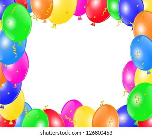 frame with multi-colored balloons, ribbon, and serpentine