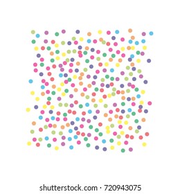 A frame of multicolored dot confetti. Abstract scatter of confetti on a white background. Astral design. Vector illustration.