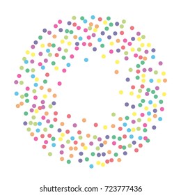 A frame of multicolored dot confetti. Abstract scatter of confetti on a white background. Astral design. Vector illustration.
