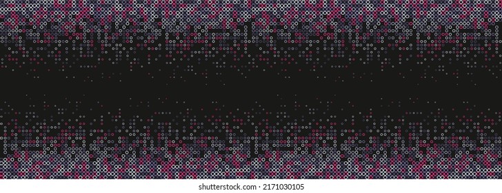 Frame of multicolored dots confetti top and bottom on dark background. Chaotic colorful tiny spots, droplets of different sizes, abstract ornament. Modern banner