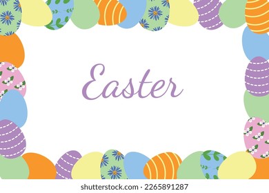 Frame of multi-colored Easter eggs with the inscription Easter. Vector illustration. You can write your own inscription. use as photo frame, frame for website