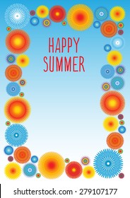 Frame of multicolored flowers on sky blue background. Bright book cover design. Vector illustration.