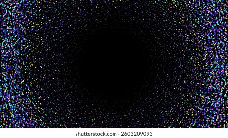 Frame of multicolored glowing dots forming a circular pattern on a dark background. Abstract background.