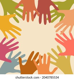 A frame of multicolored hands stretched out towards each other, the concept of diversity, volunteering.