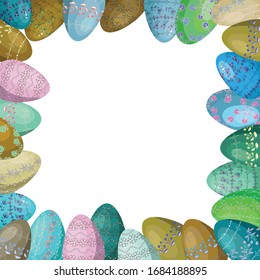 Frame of multi-colored, patterned Easter eggs. Vector graphics. Cartoon illustration. Elements for design of a traditional holiday of the Resurrection of Christ. Isolated image on a white background.
