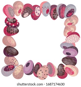 Frame of multi-colored, patterned Easter eggs. Vector graphics. Cartoon illustration. Elements for design of a traditional holiday of the Resurrection of Christ. Isolated image on a white background.