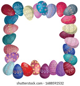 Frame of multi-colored, patterned Easter eggs. Vector graphics. Cartoon illustration. Elements for design of a traditional holiday of the Resurrection of Christ. Isolated image on a white background.