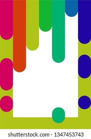 Frame with multicolored vertical lines. Acrylic color paint. Bright flowing drops of paint. moving liquid. Poster for festival, party.