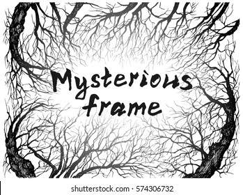Frame with mysterious forest - hand drawn vector illustration, isolated on white