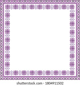 Frame from the national floral ornament in violet color. Textile for cafe and restaurant design. White background.