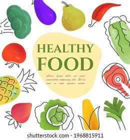 Frame with natural products and empty space for text. Fruits, vegetables and fish. Healthy vegetarian food. No gradients