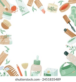 Frame with natural wood bottles, jars and paper tubes for eco friendly living. Colorful vector illustration organic vegan cosmetics for make with empty white space. Zero waste lifestyle concept