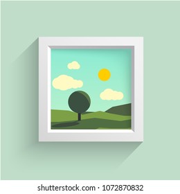Frame with nature landscape background weigh on a white wall. Vector illustration.