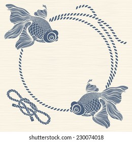 Frame with nautical rope knots and fish. Hand drawn vector illustration