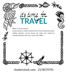 Frame in nautical style, hand-drawn doodle elements in sketch style. Sea creatures. Rope with knots. Sea, ocean. Helm. Template for photos, social media and posters.