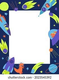 Frame of neon bright dinosaurs traveling into space on a rocket. Dino travels in a rocket through the galaxy. Children's frame with a space dinosaur. Flat illustration images.