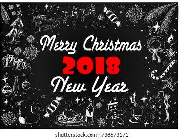 Frame of New Year and Christmas objects by white chalk on blackboard.