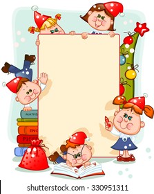Frame with new year's children and christmas tree. place for text. Vector illustration