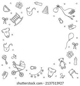 Frame newborn icons set doodle style. Vector illustration of elements for a baby